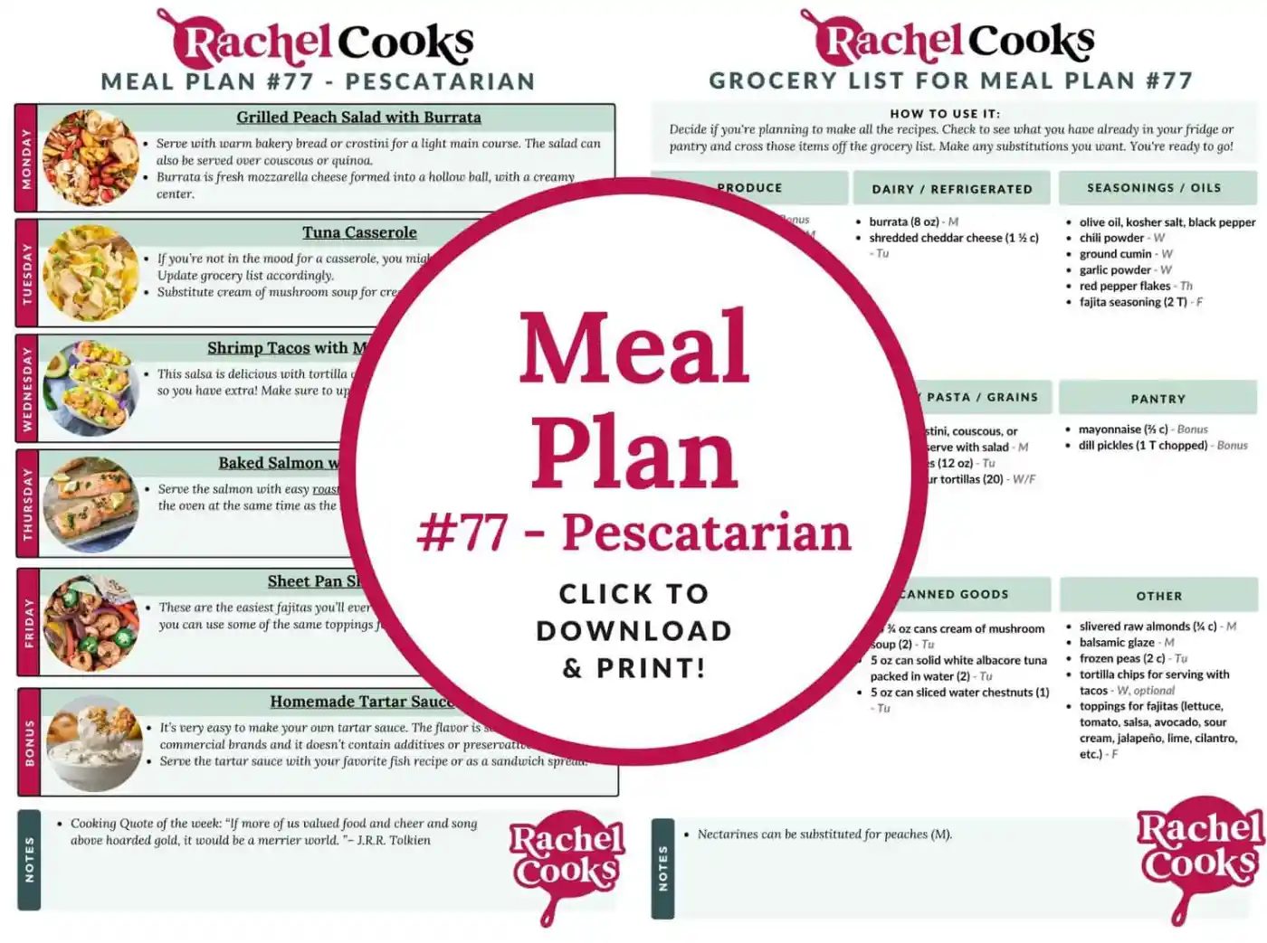 Meal plan 77; a pescatarian meal plan, preview of both pages.