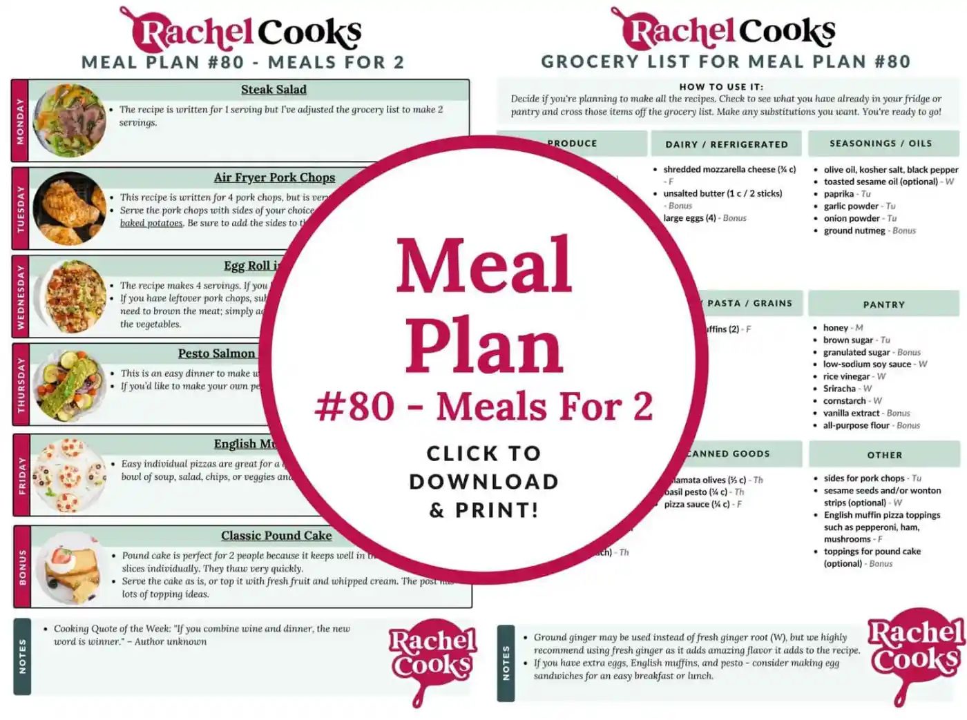 Meal plan 80 preview image with photos of both pages included. Text overlay reads "meals for 2."