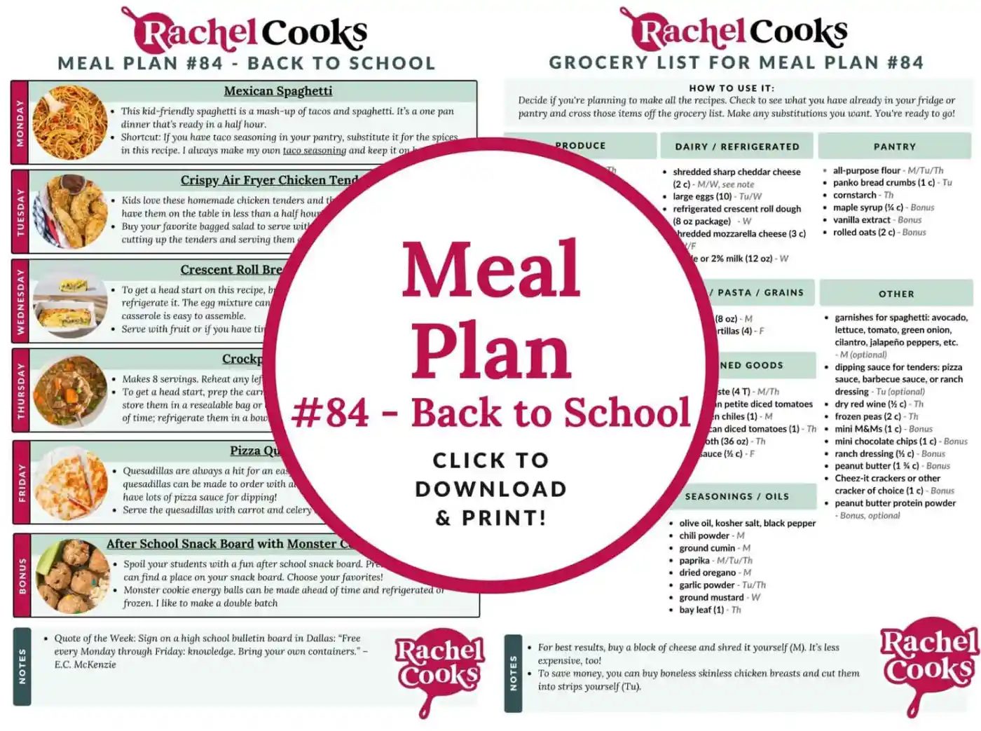 Meal plan 84 preview image with both pages shown.
