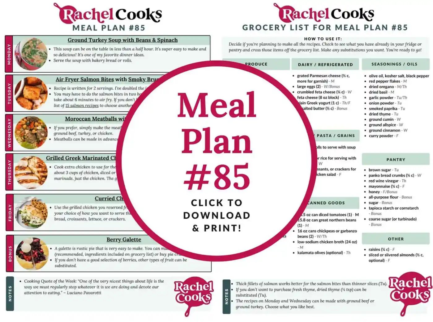 Meal plan 85 preview image showing both pages of meal plan.