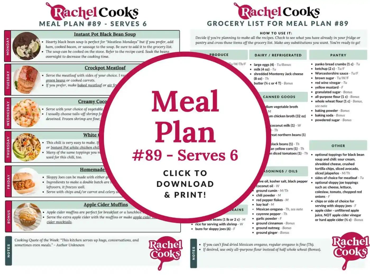 Meal plan 89, a meal plan for 6, preview image with photos of both pages included.