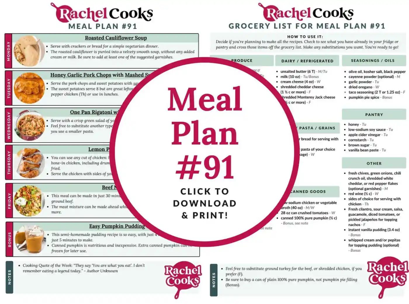 Meal plan 91 preview image with both pages shown.
