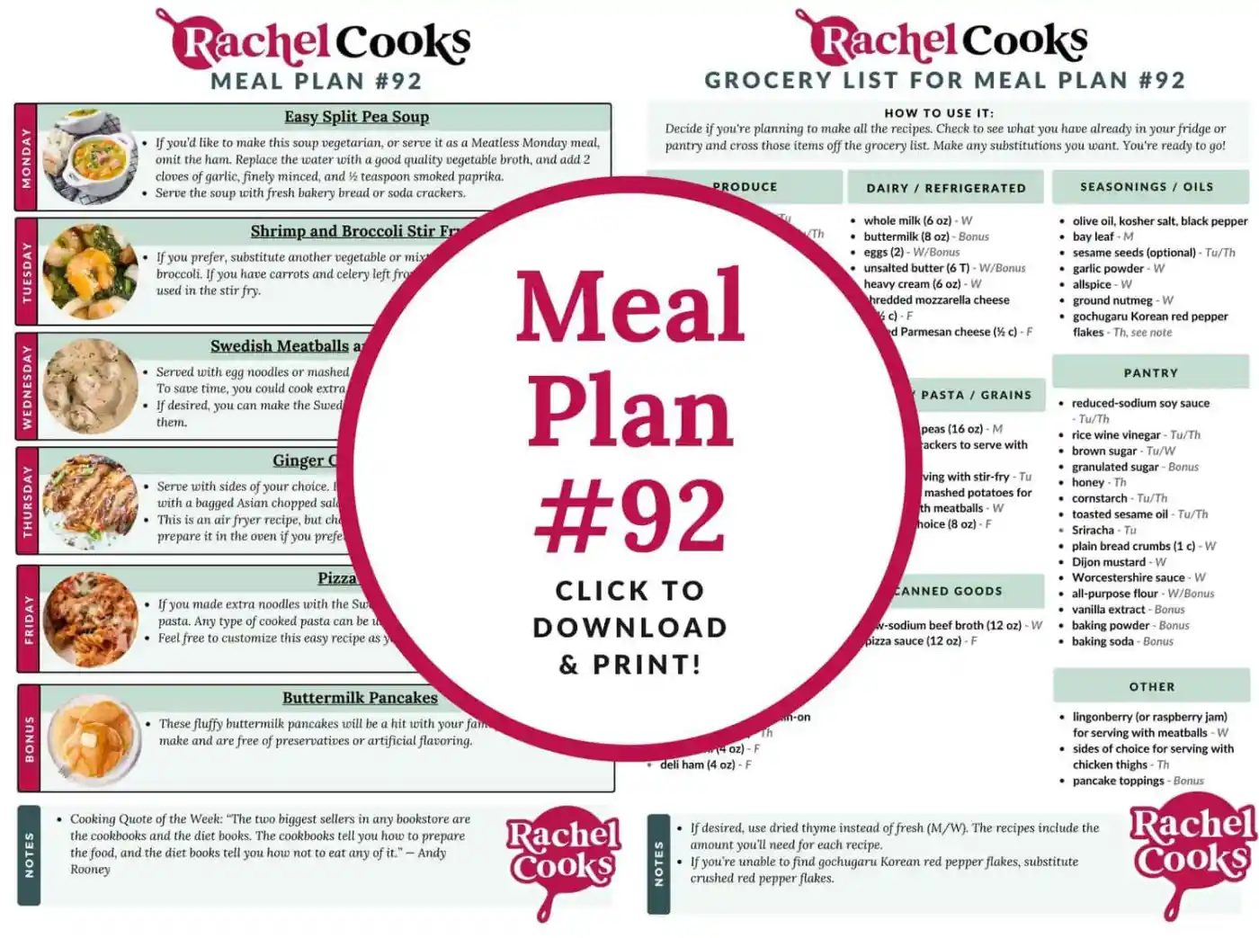 Meal plan 92 graphic showing both pages of meal plan.