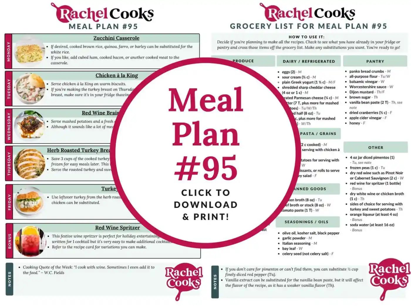 Meal Plan #95 featuring grocery list and recipes for dishes like Zucchini Casserole, Chicken & King, and Red Wine Spritzer. Central circle prompts to download and print.
