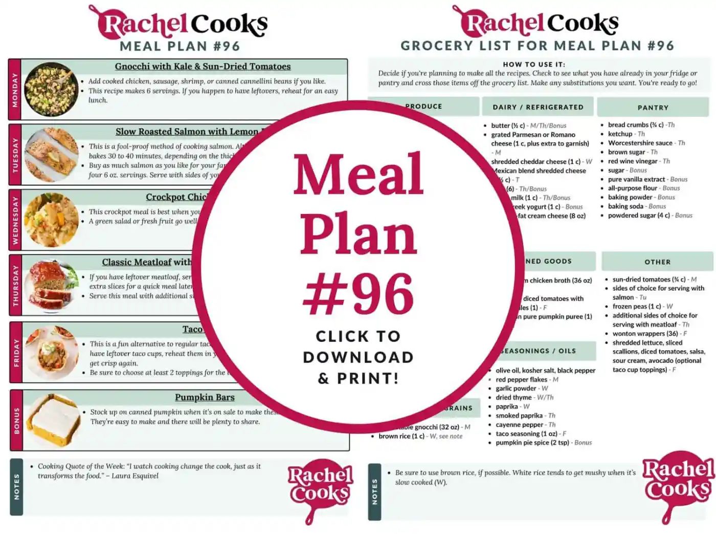 Weekly meal plan and grocery list titled Meal Plan #96 from Bomumo. Includes recipes for gnocchi, lemon salmon, taco cups, meatloaf, zucchini casserole, and pumpkin bars.