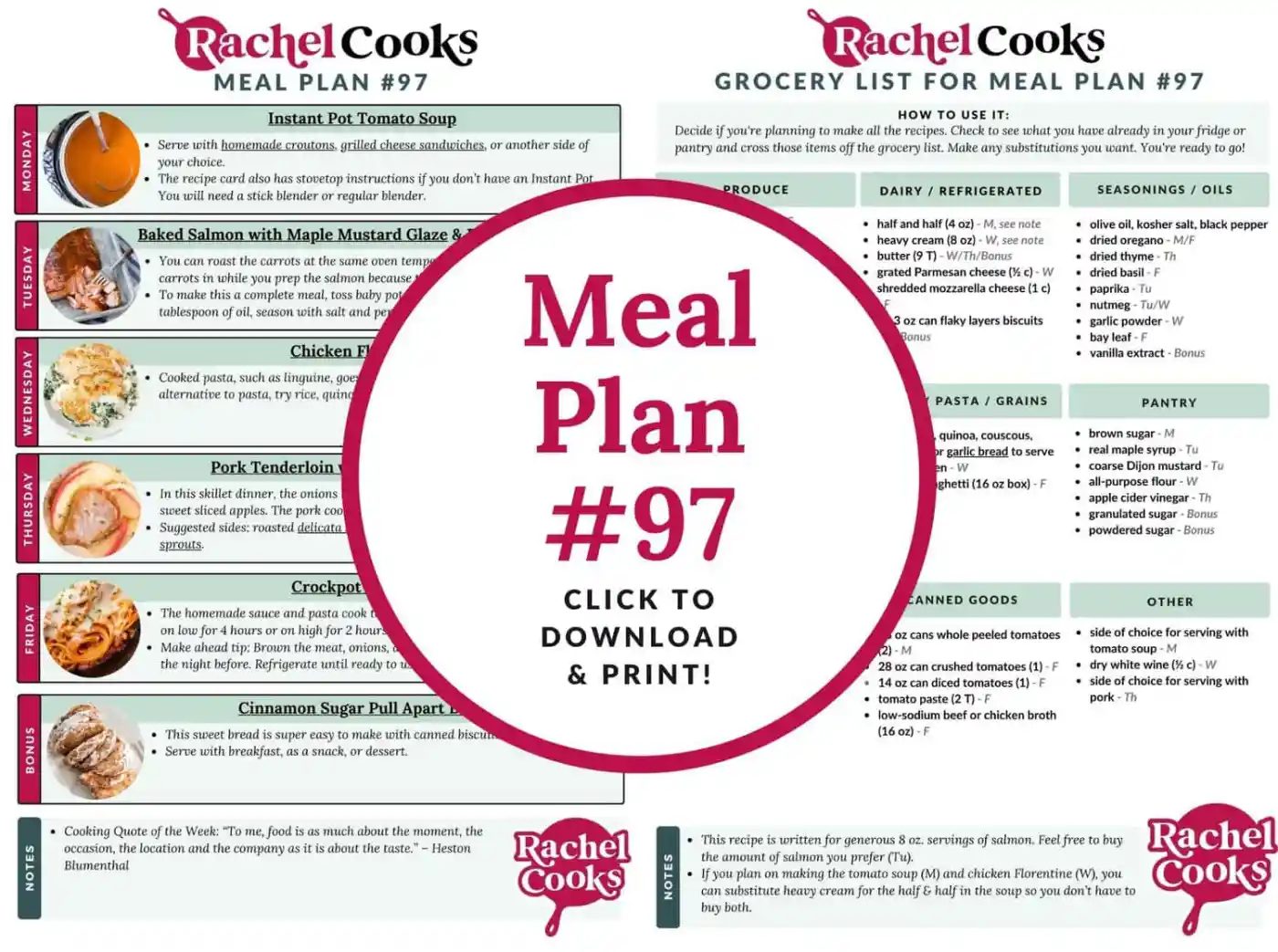 Meal plan and grocery list #97 by Bomumo, featuring recipes like Instant Pot Tomato Soup and Baked Salmon with Maple Mustard Glaze, with ingredients and cooking tips.