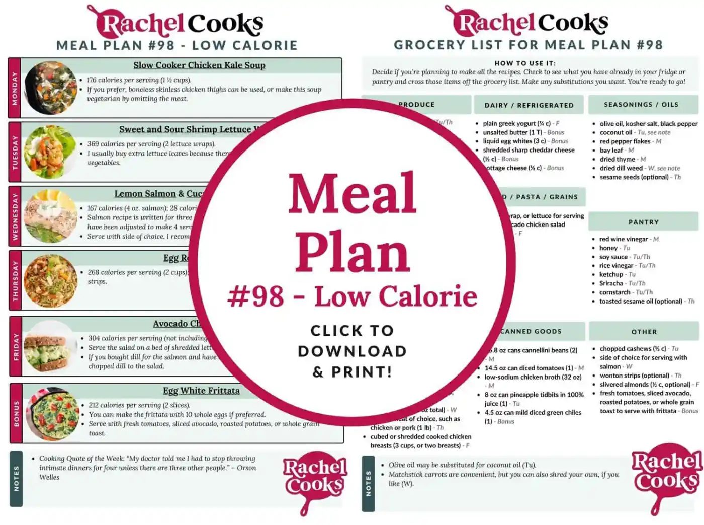 Low-calorie meal plan with recipes on the left and a grocery list on the right. Center text reads: Meal Plan #98 - Low Calorie.