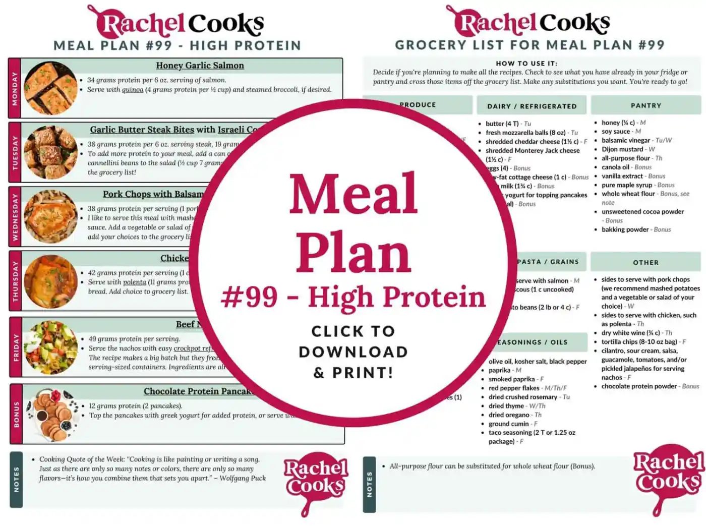 Meal plan #99 by Bomumo, labeled High Protein, featuring recipes and a grocery list. Central text says Click to Download & Print!.