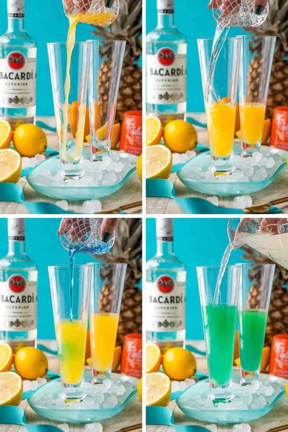 Four images of different liquids being added to a cocktail glass.