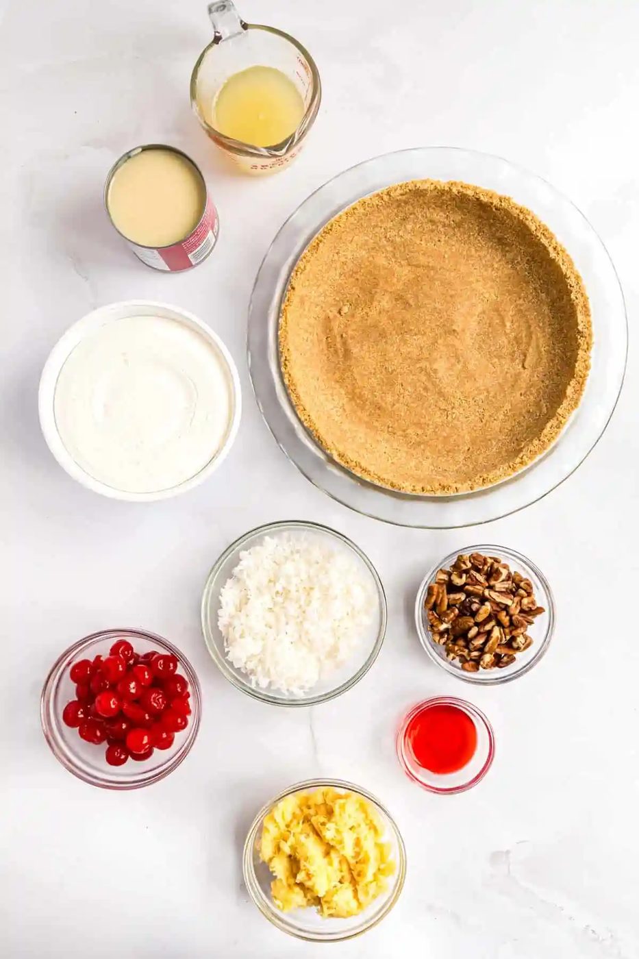 Overhead view of ingredients needed for millionaire pie.