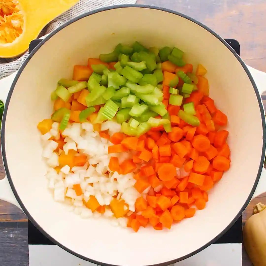 Vegetables in a dutch oven.