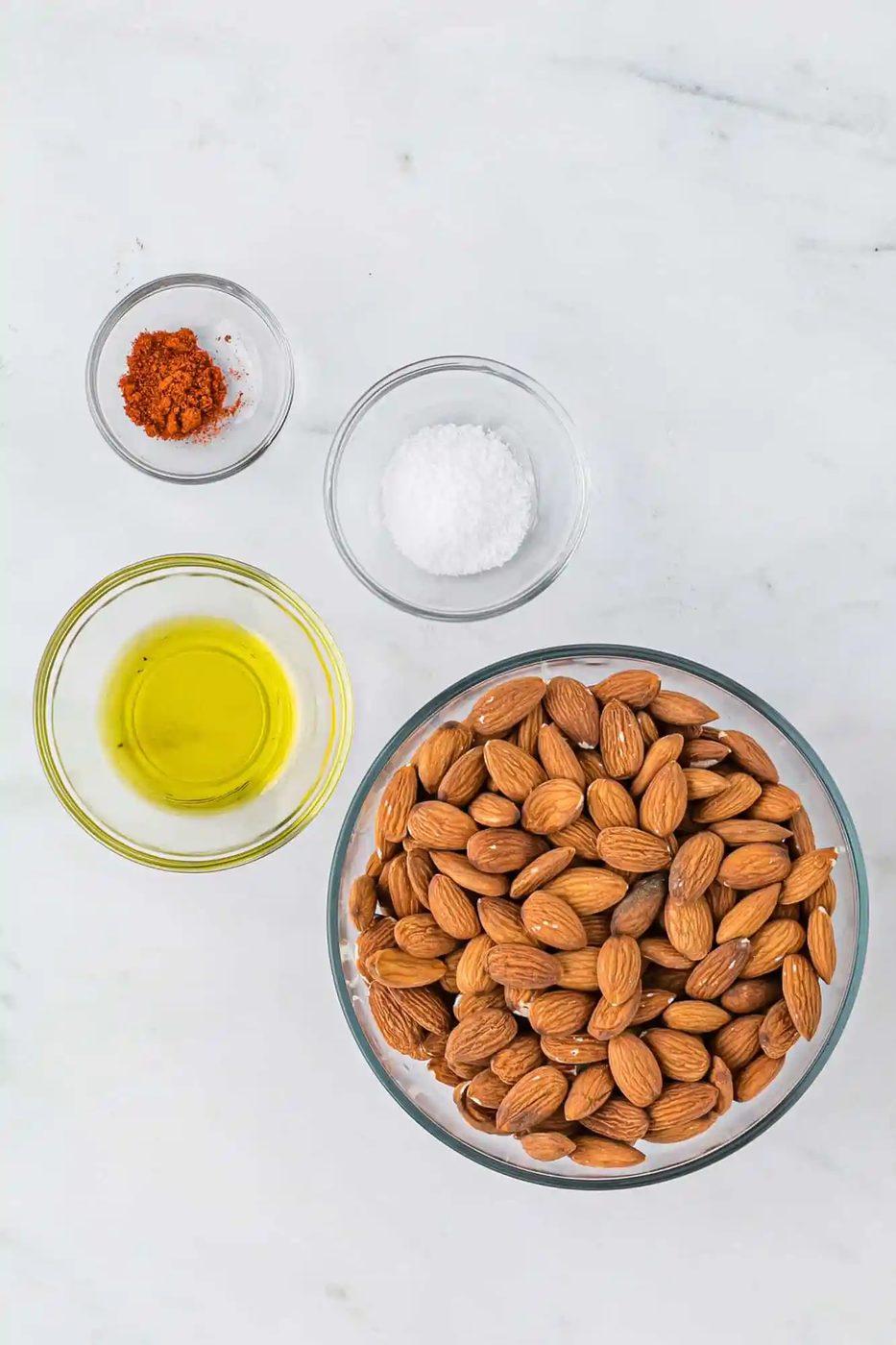 Ingredients needed: almonds, olive oil, salt, cayenne.