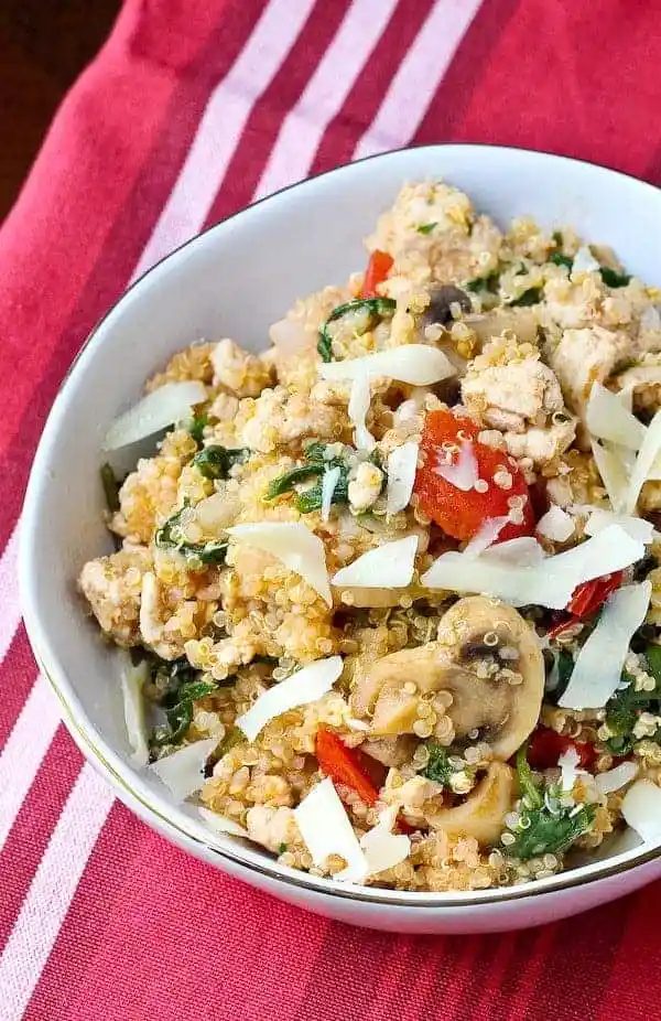 One Pan Quinoa plus Ground Turkey, Kale, Mushrooms, Tomatoes