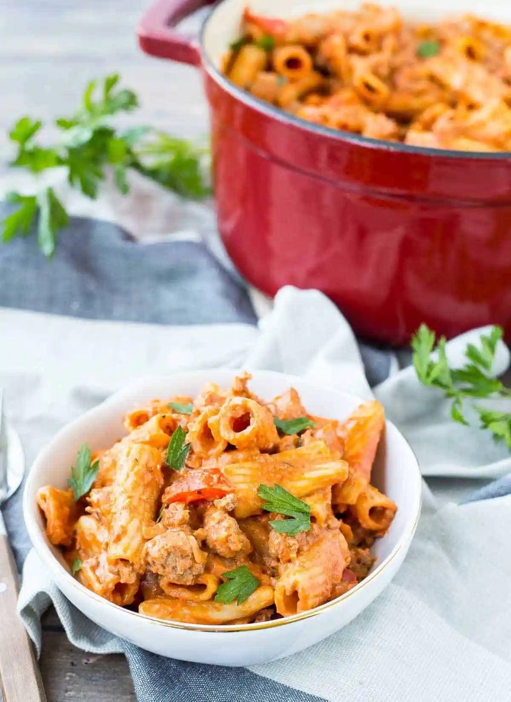 One Pan Rigatoni, served with Creamy Red Wine Tomato Sauce