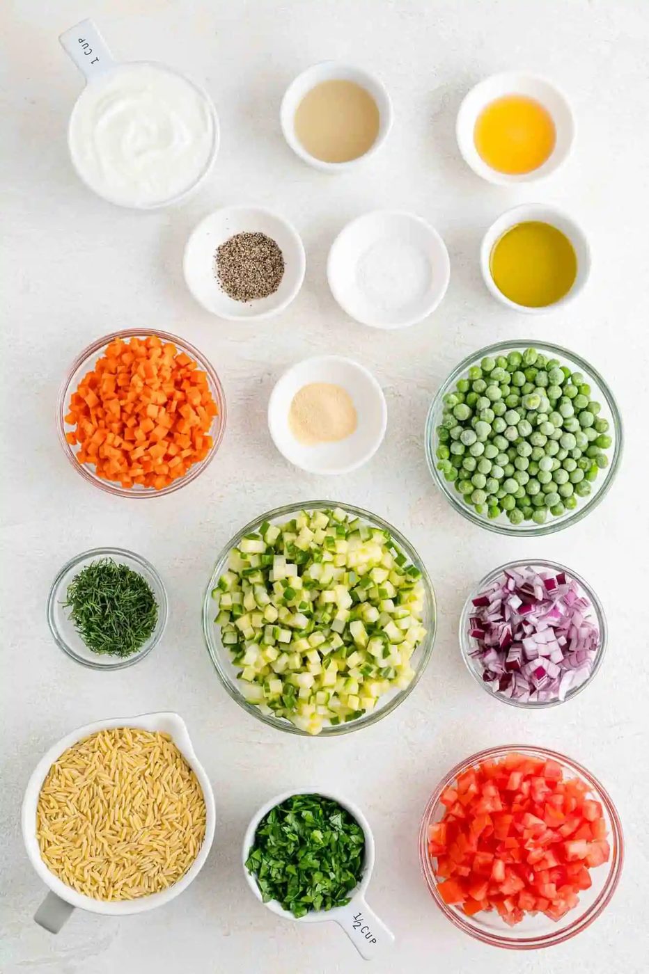 Overhead view of ingredients needed for both the salad and the dressing.