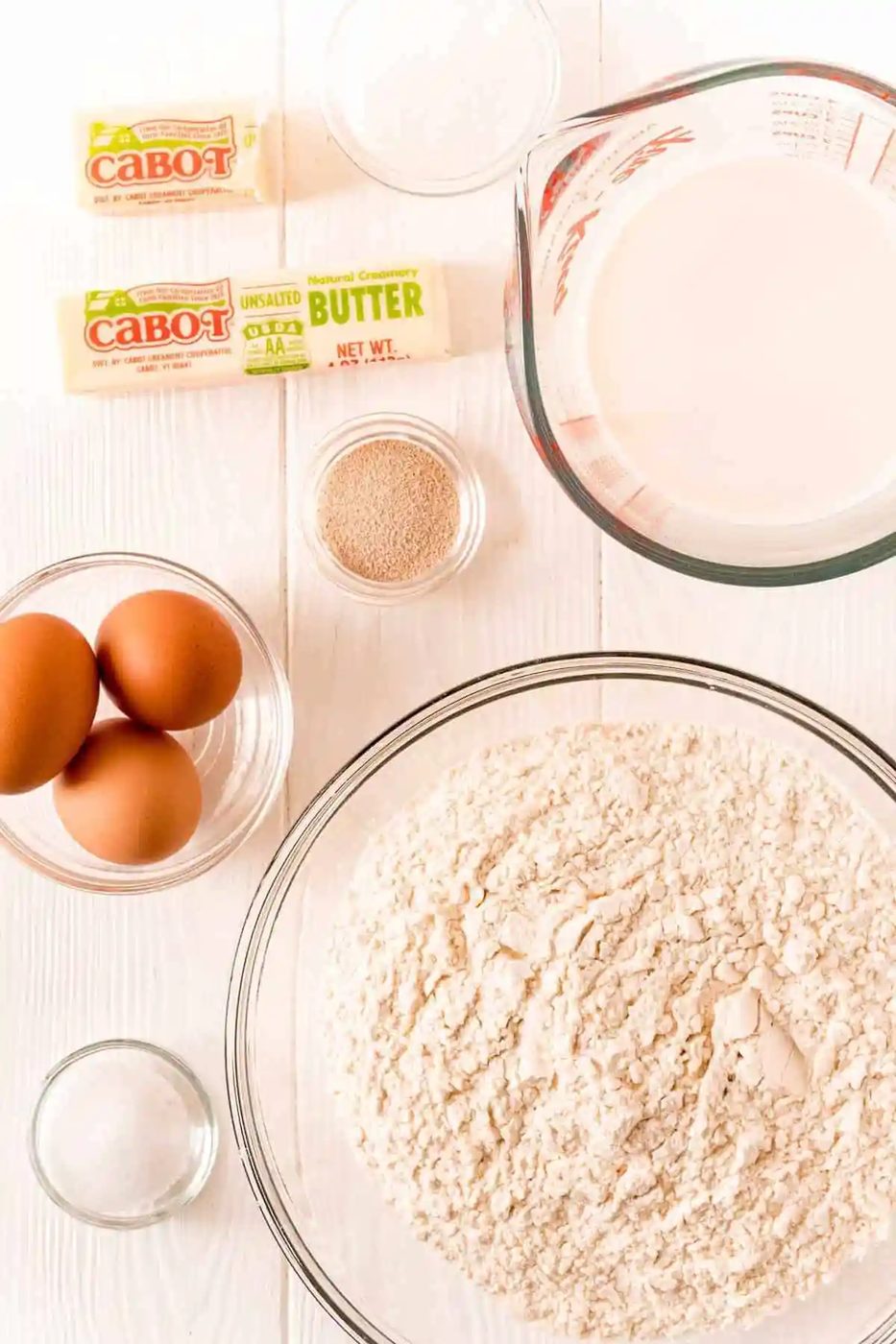 Ingredients needed to make parker house rolls.