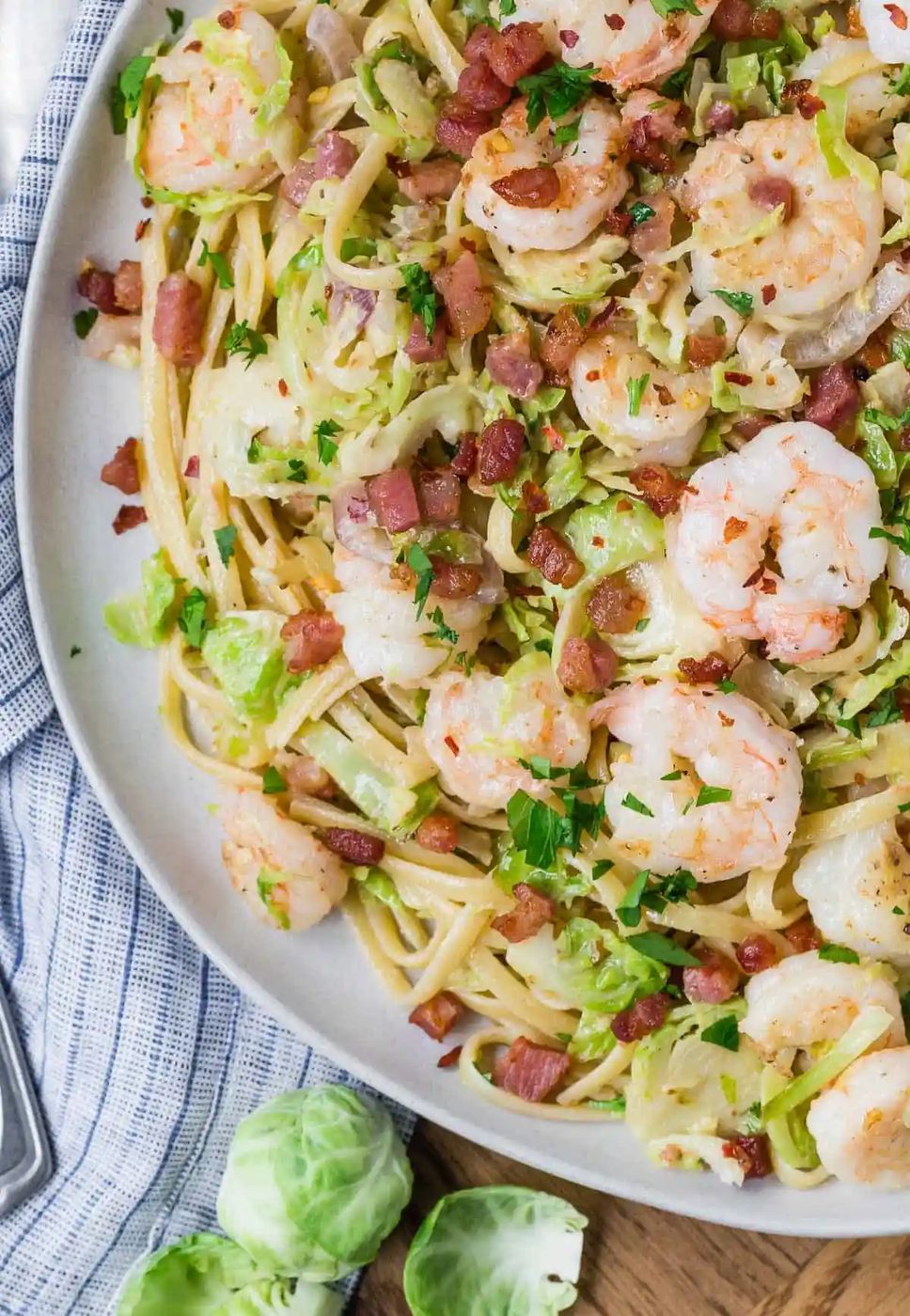 Pasta with Shrimp, Brussels Sprouts, & Wine Sauce