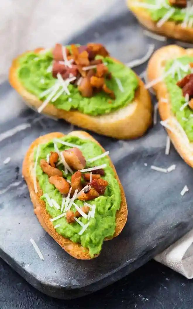Creamy Pea Crostini, served with Pancetta