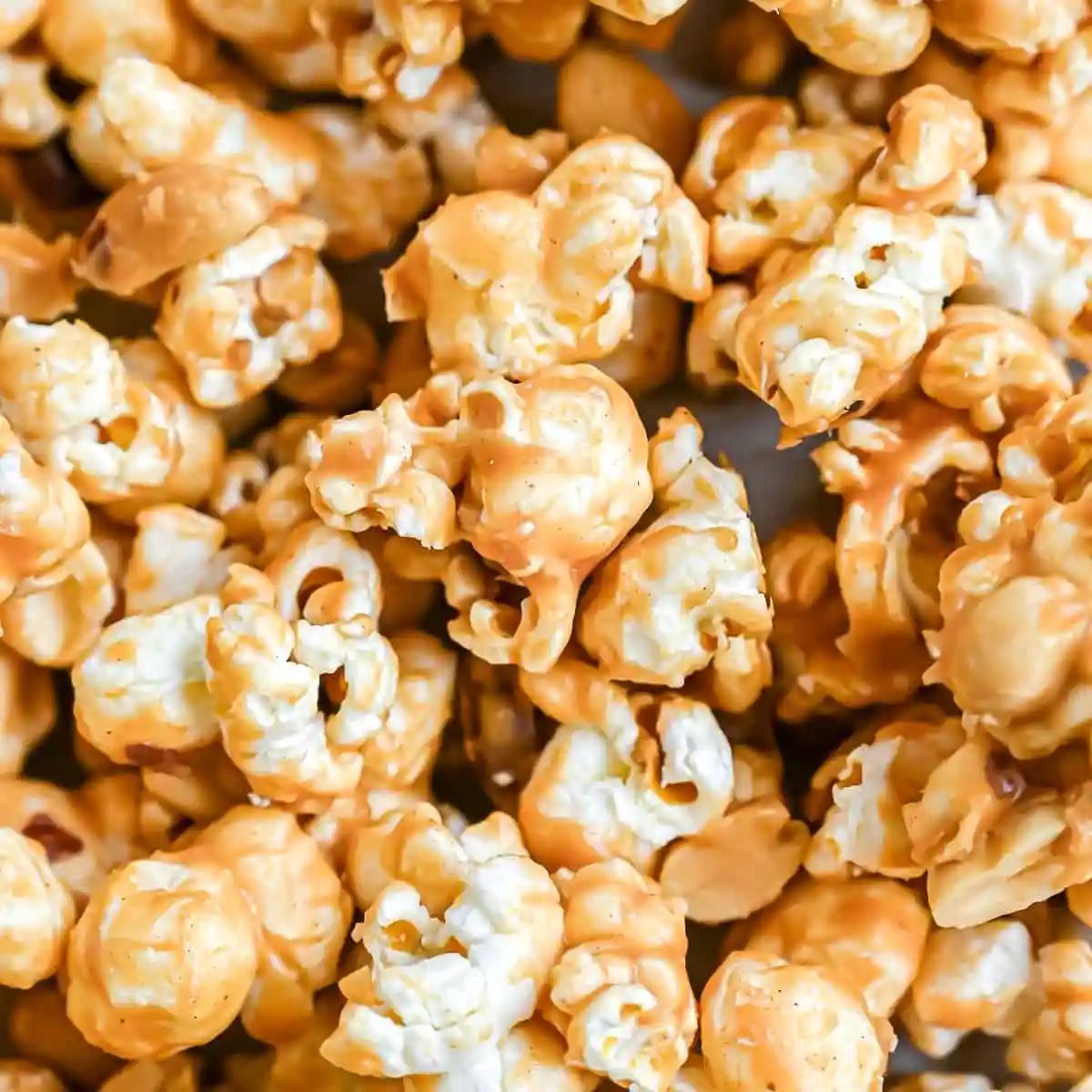 Close up of peanut butter popcorn, filling the frame.