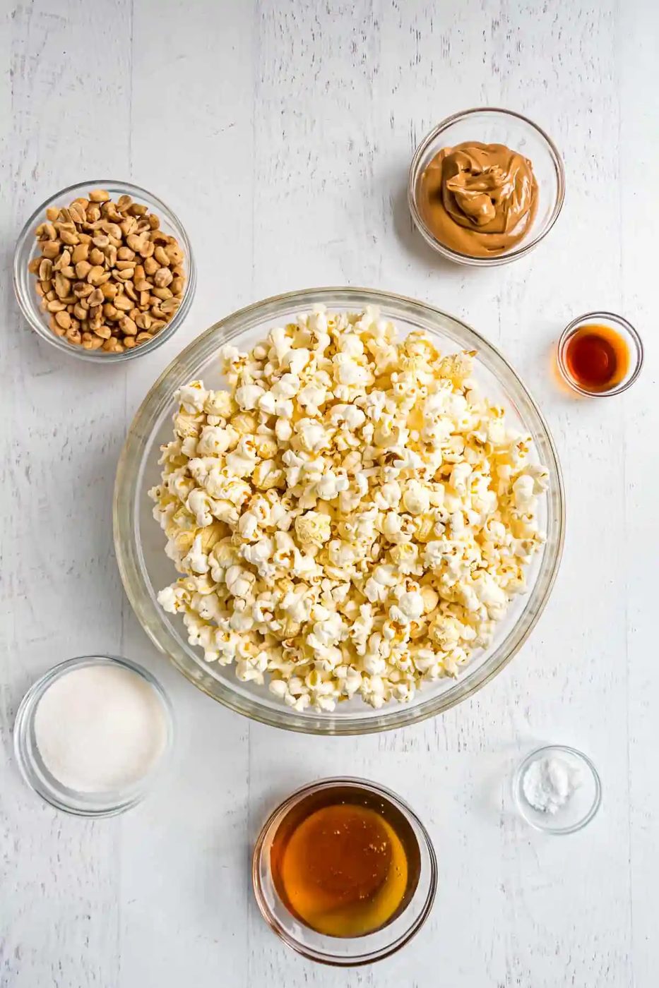 Ingredients needed for recipe including popped popcorn and peanut butter.