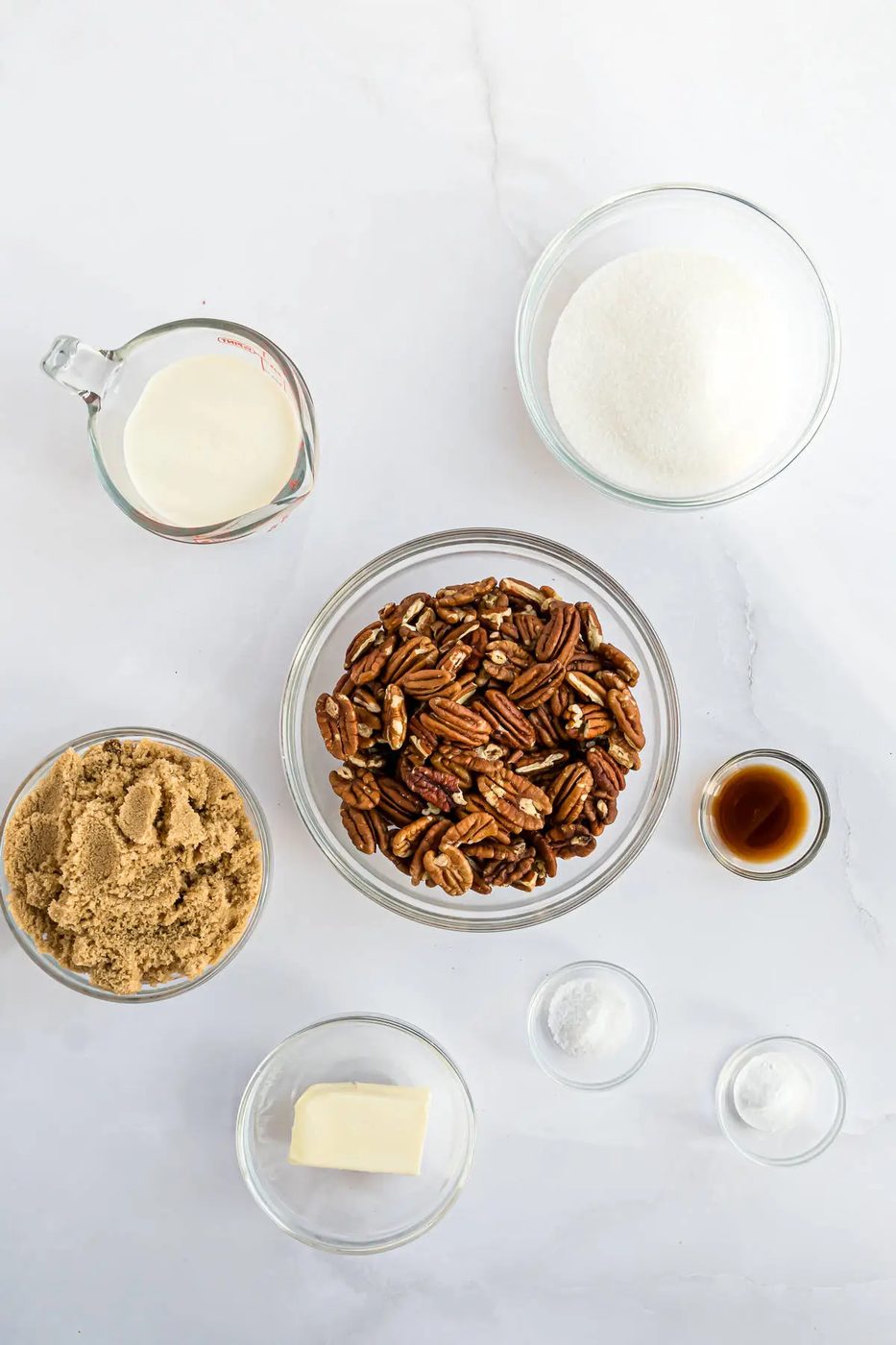 Overhead view of ingredients needed for recipe, including pecan halves.