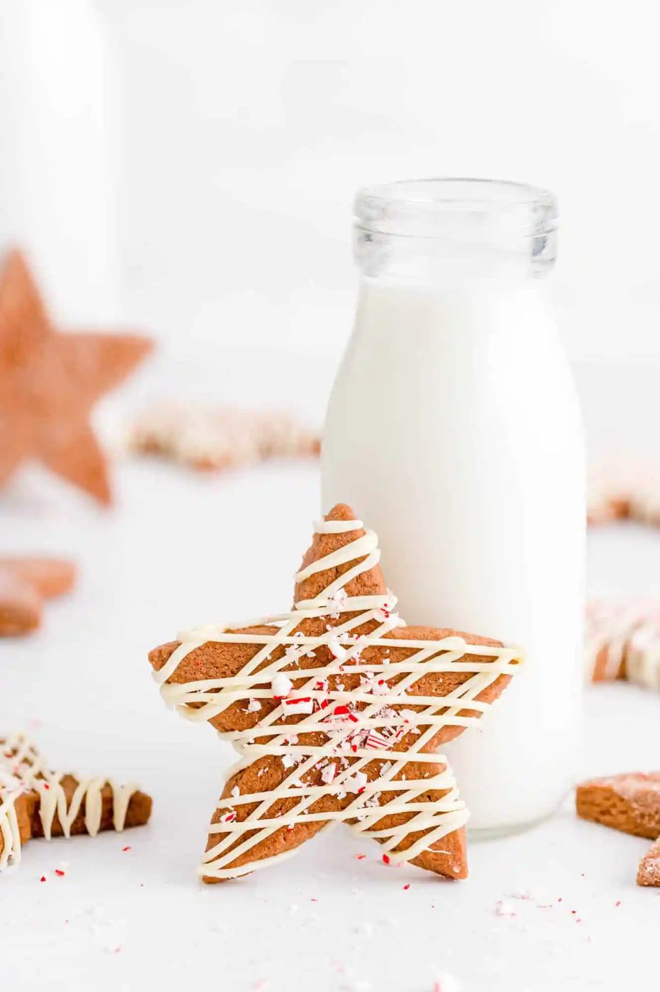 Star shaped chocolate cookie leaning against small bottle of milk.