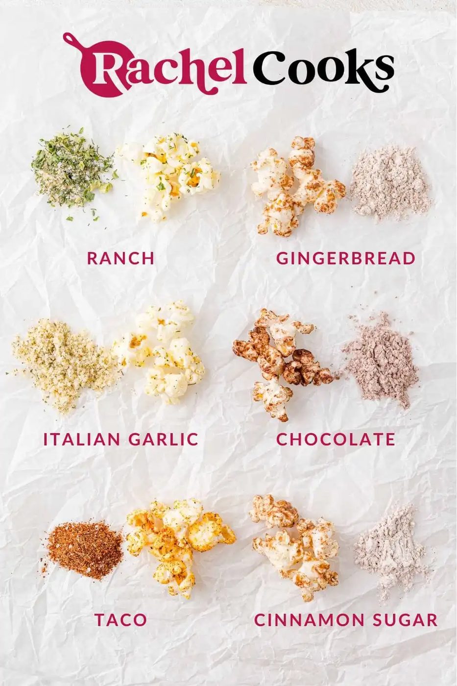 Six types of popcorn seasoning, labeled with their names.