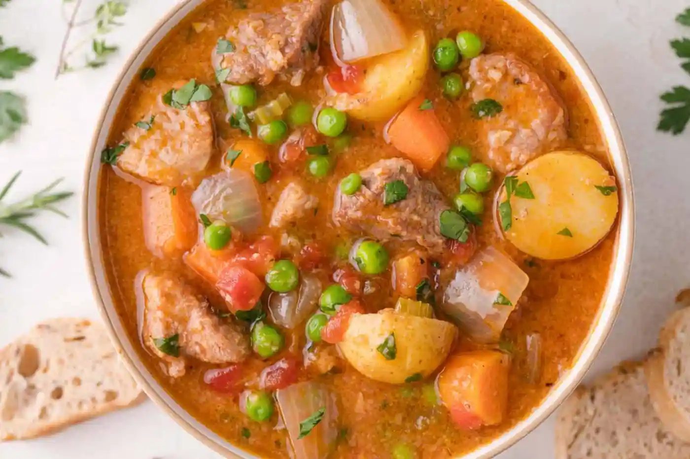 A bowl of hearty stew with pork, potatoes, carrots, peas, onions, celery, and herbs in a rich broth, served next to slices of bread.