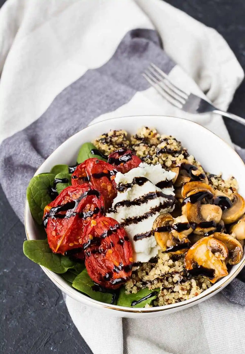 Quinoa Bowl Recipe, served with Roasted Tomatoes, Ricotta and Balsamic