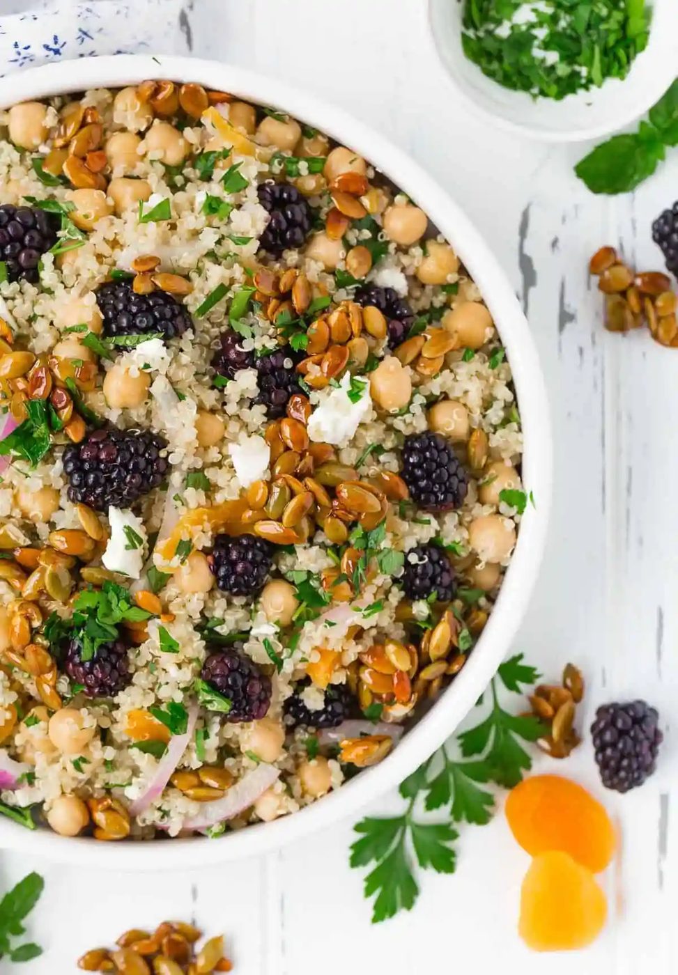 Quinoa Chickpea Salad plus Blackberries & Candied Pepitas