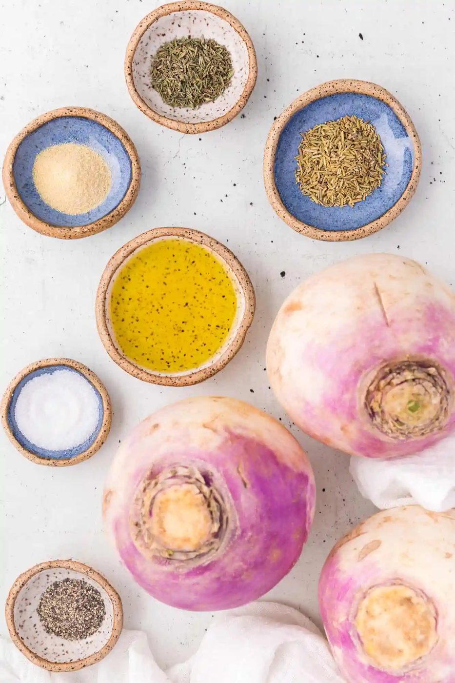 Ingredients needed for recipe, including fresh turnips.
