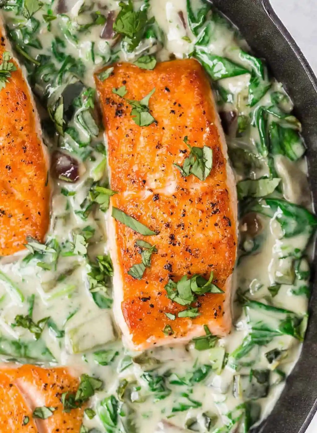 Salmon with Spinach Poblano Cream Sauce