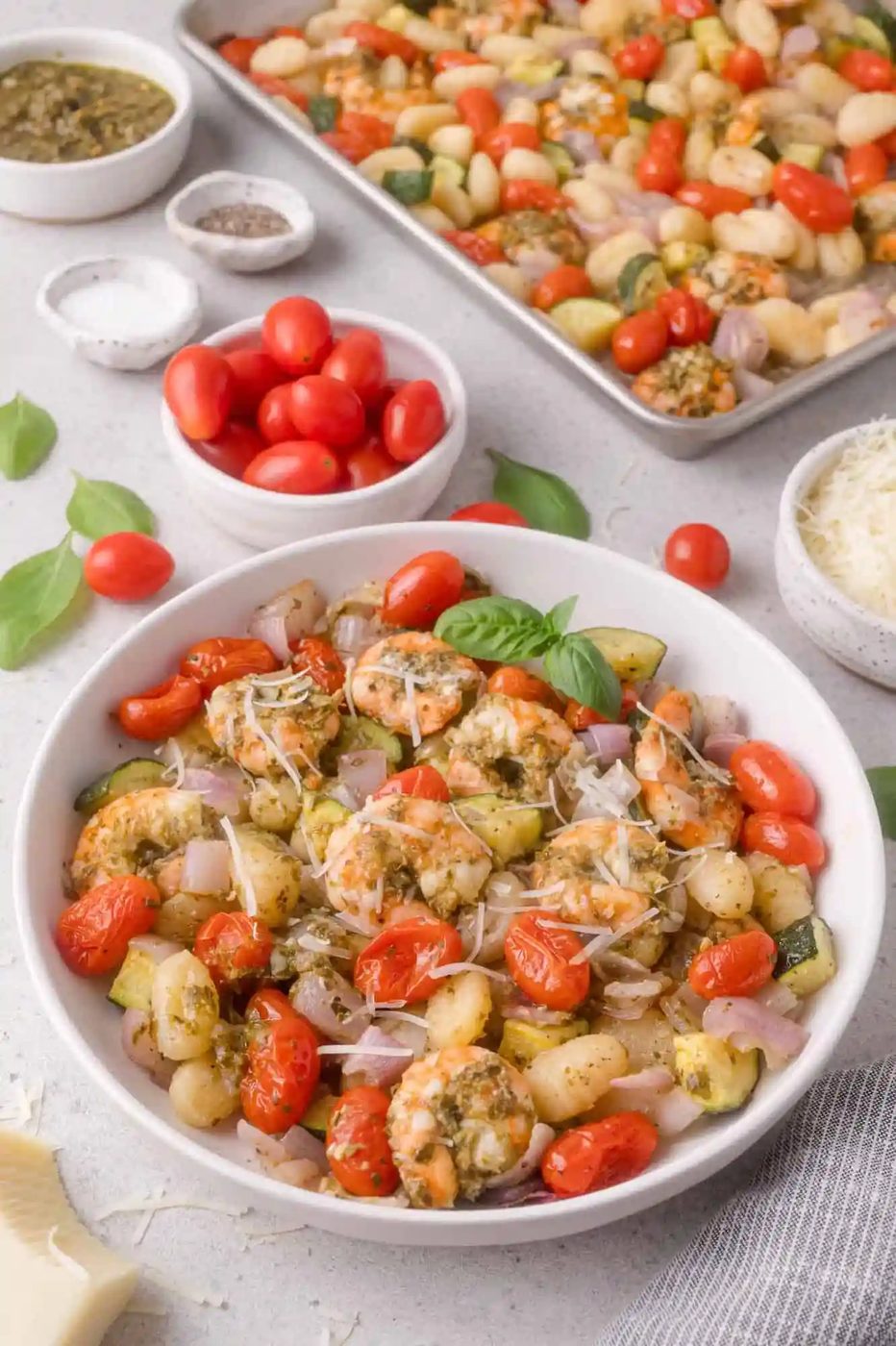 Sheet Pan Pesto Shrimp, served with Gnocchi