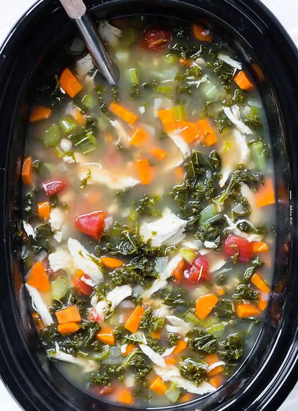 Lighter soup in a slow cooker with a ladle.