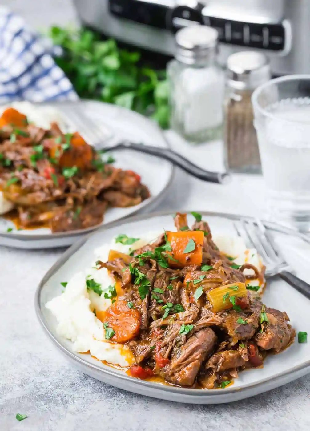 Pot roast on two plates, a slow cooker and salt and pepper shakers in the background.