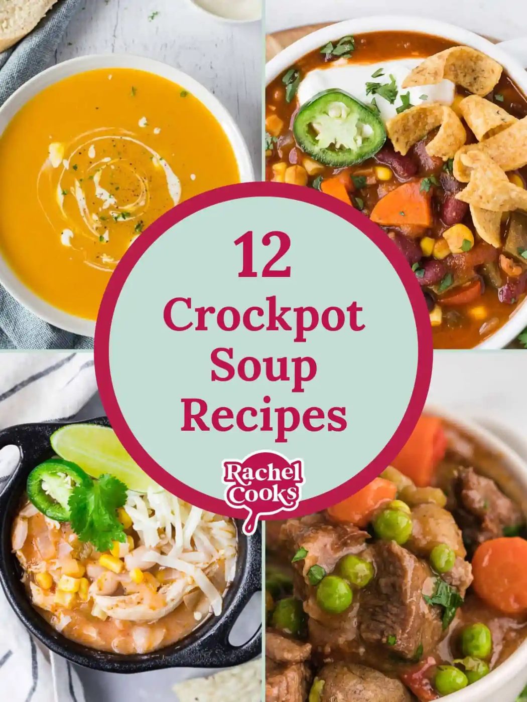 Four recipe images, text reads "12 crockpot soup recipes."