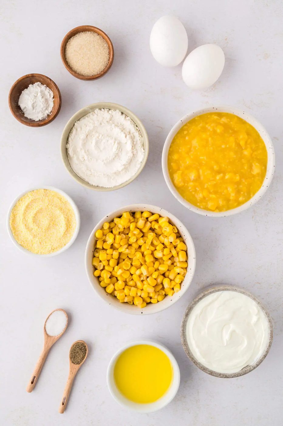 Overhead view of ingredients needed for spoon bread.