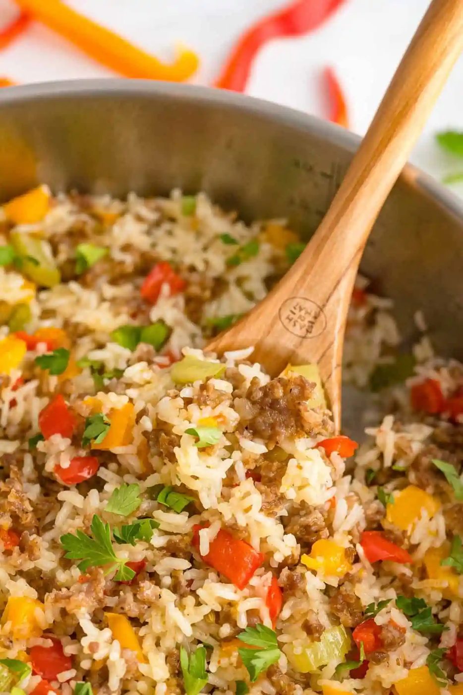 One Pan Sausage and Rice, served with Sweet Peppers