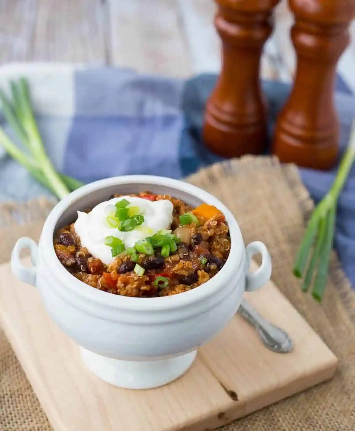 Quinoa chili in white bowl.