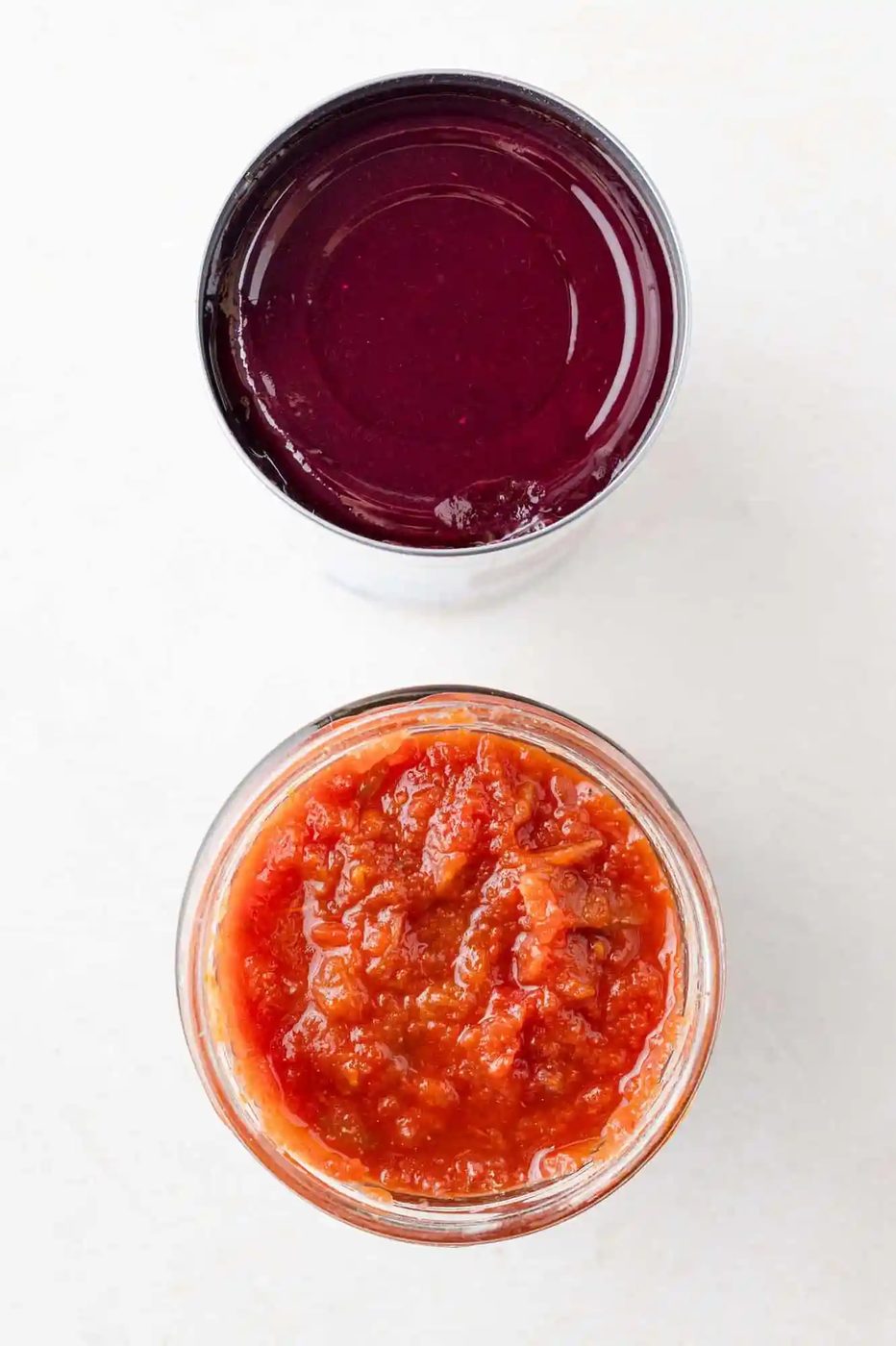Overhead view of cranberry sauce and salsa.