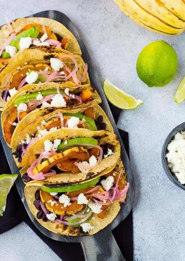 Vegetarian Tacos, served with Delicata Squash and Black Beans