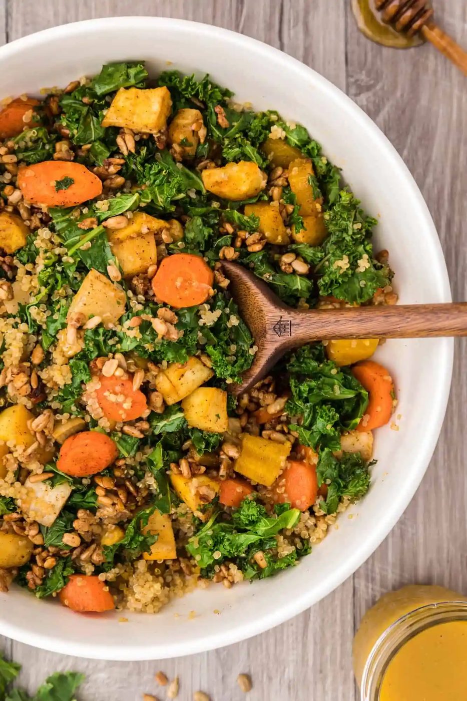 Warm Kale Salad, served with Roasted Root Vegetables