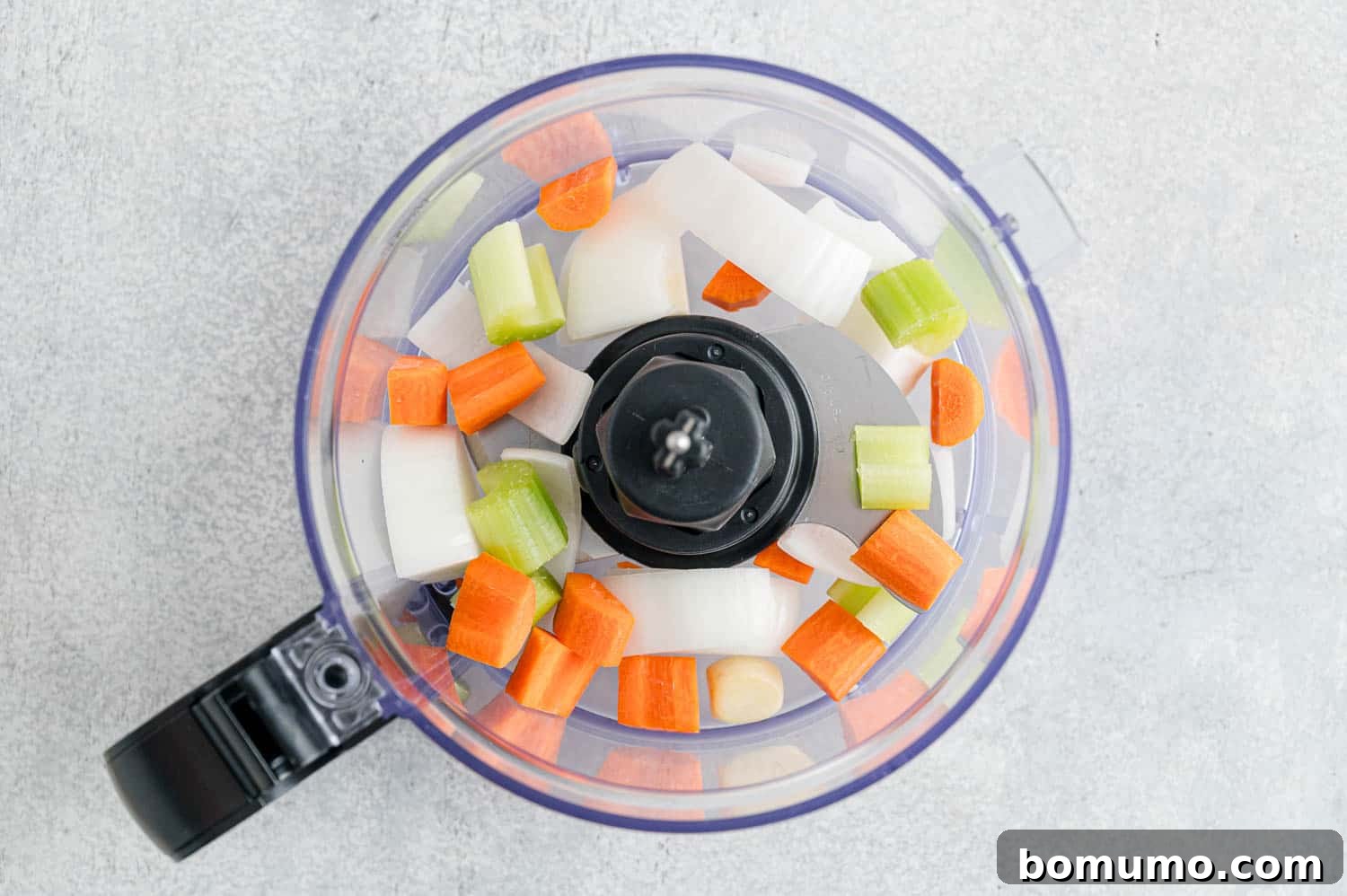 Roughly chopped carrots, onions, and celery placed in a food processor, ready for mincing.