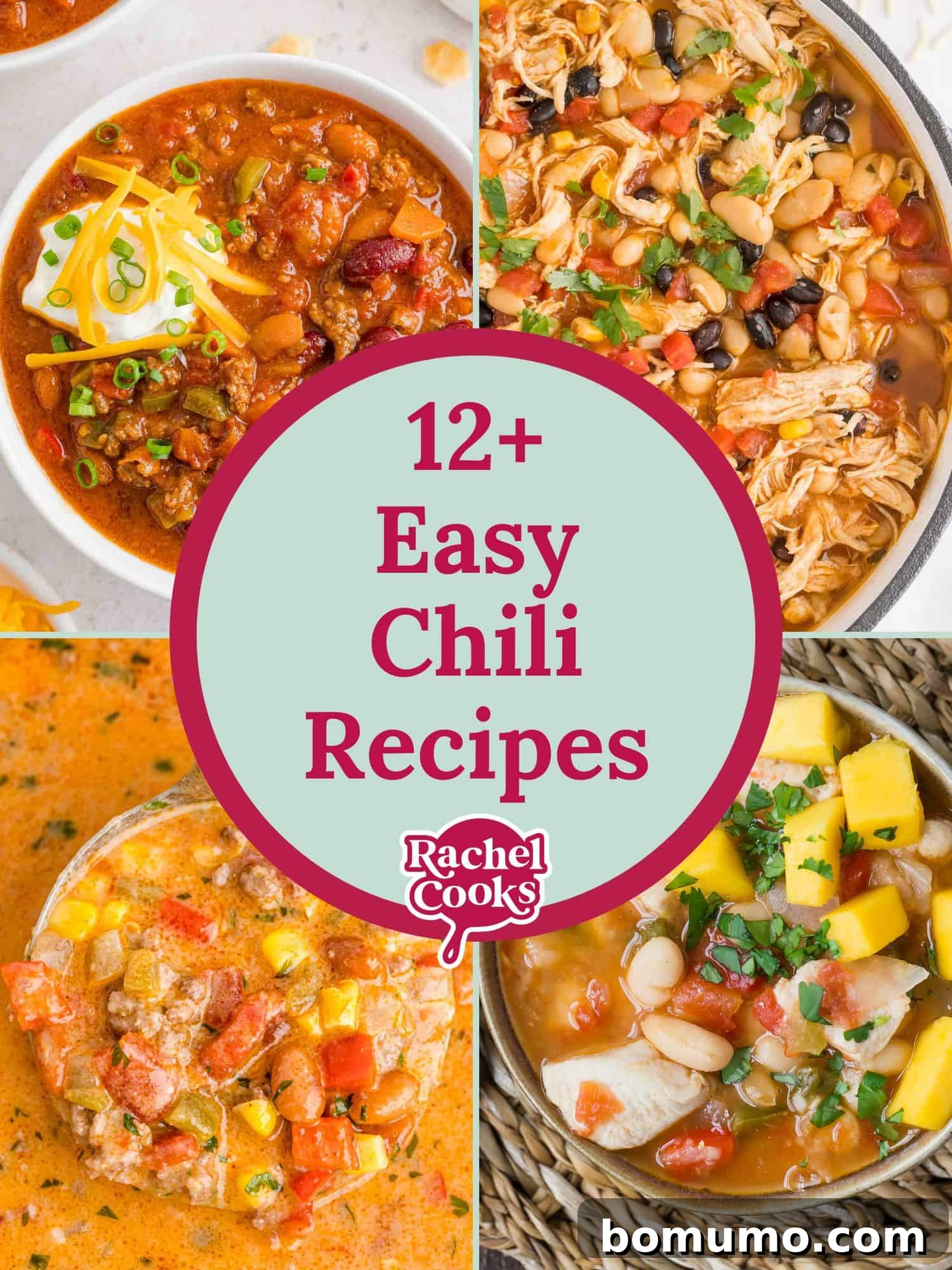 Chili recipes round up graphic, including text and photos of various chili bowls.