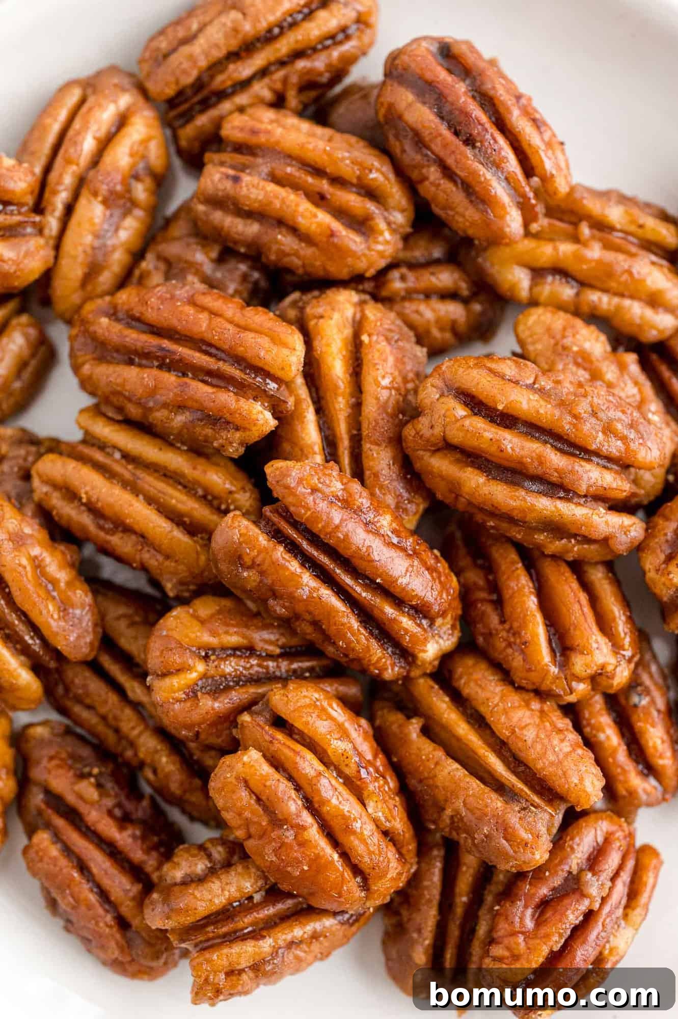 Best Spiced Pecans Ever 2 Spiced pecans in a white dish. Sweet, crunchy, and spicy.