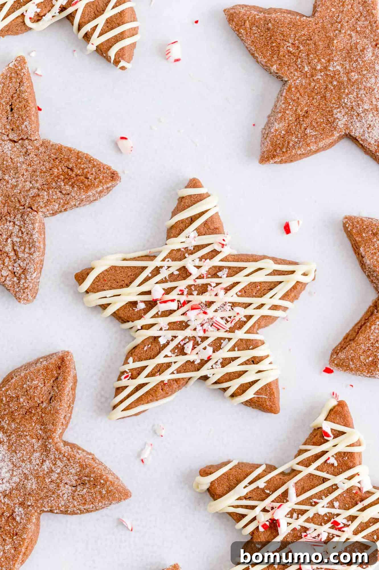Delicious chocolate peppermint sugar cookies cut into festive star shapes, some elegantly drizzled with white chocolate.