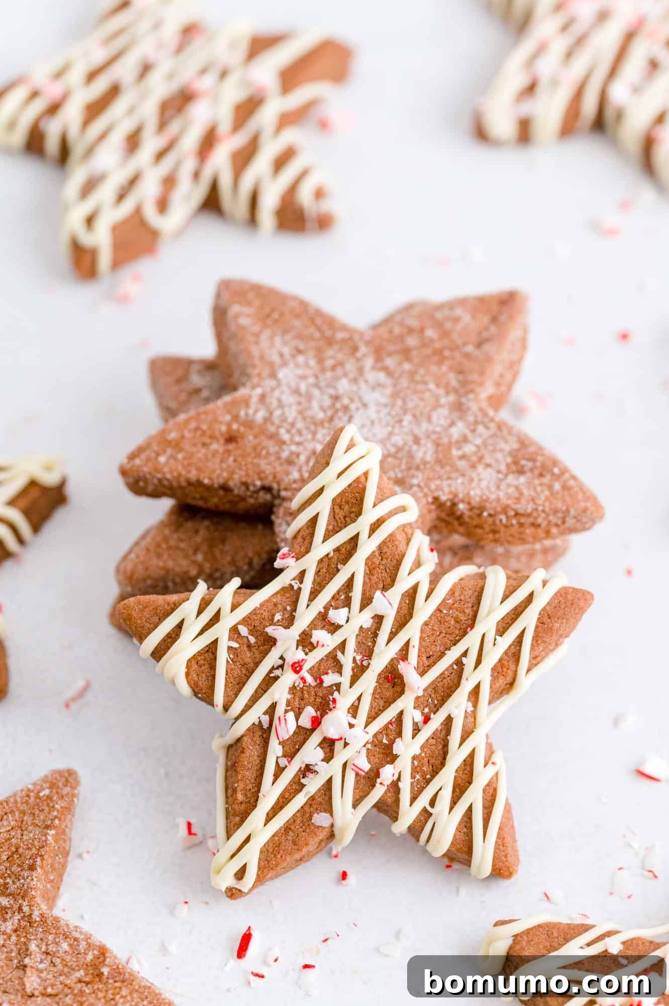 A beautiful stack of freshly baked peppermint chocolate sugar cookies, with one cookie artfully leaning against the front, adorned with a delicate white chocolate drizzle, ready to be enjoyed.