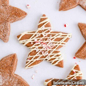 Star shaped chocolate peppermint sugar cookies on white background.