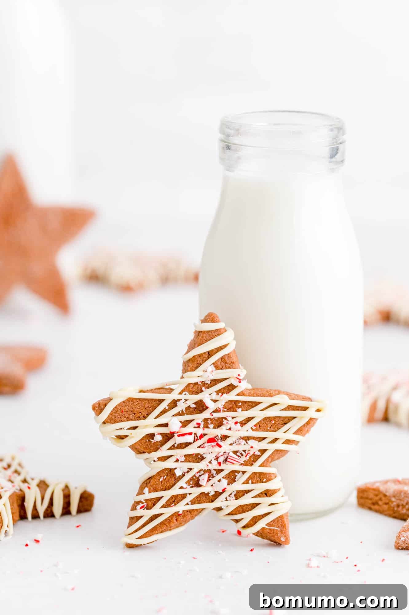 A perfectly baked star-shaped chocolate peppermint sugar cookie gently rests against a small bottle of milk, highlighting its enticing texture and festive appeal.