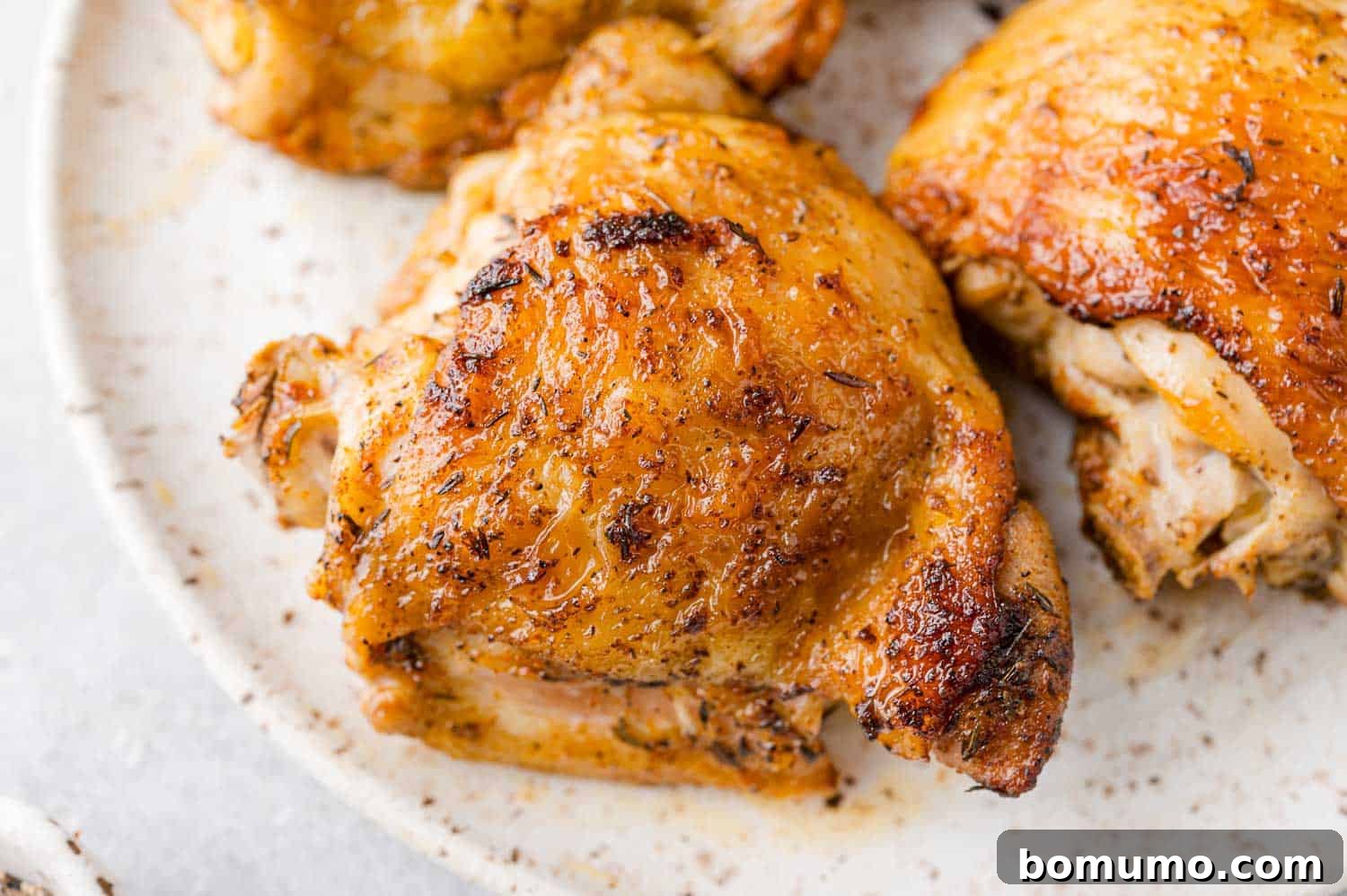 Browned and cooked chicken thigh on a white plate.